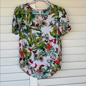 H&M Hawaiian Tropical Top Floral Blouse Short Sleeve Sheer White Vacation Sz 2